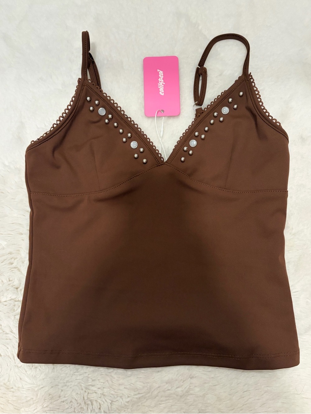 Edikted Brown Stud & Pearl V-Neck Camisole